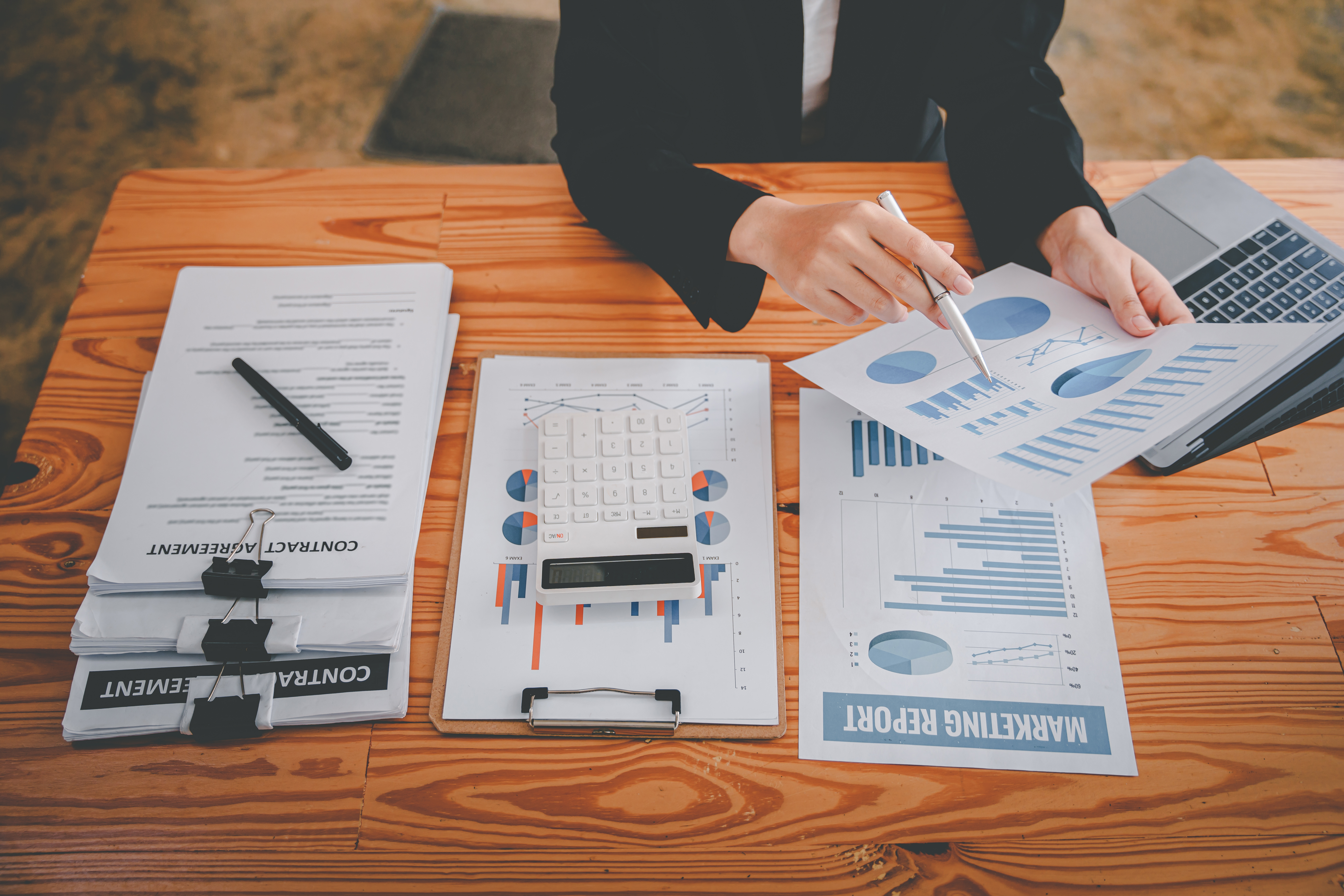 Business finance desk with bills and documents